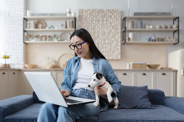Young beautiful asian woman in the kitchen teenager wearing glasses using laptop student girl studying at home woman sitting on sofa with pet dog jack russell terrier..
