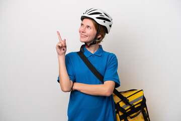 Young English woman with thermal backpack isolated on white background pointing up a great idea