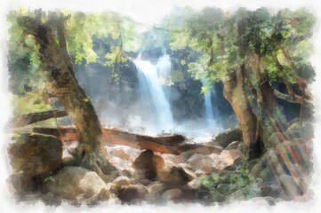 Fototapeta na wymiar waterfall and forest landscape watercolor style illustration impressionist painting.