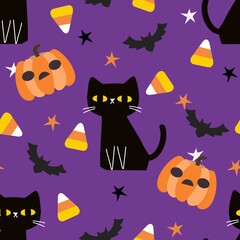 Black Cat and Halloween Pumpkins Seamless Pattern