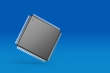 Microprocessor with copy space on surface isolated on blue background. 3d illustration.