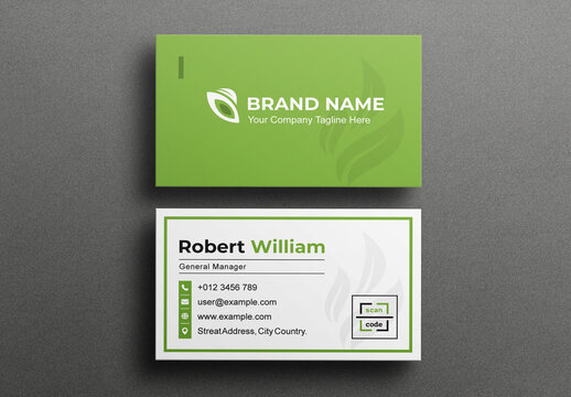Green Business Card with Palm Tree Illustration