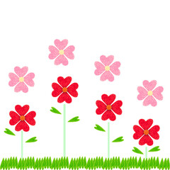 Abstract cute red flower with leaf , grass hand drawn in flat style isolate on white background. Illustration basic flower for kid concept.