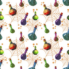 Halloween seamless pattern with magic potion bottles on spider web background. Hand drawn style watercolor. Halloween illustration on white.
