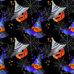Halloween seamless pattern with pumpkins and witch hats on spider web background. Hand drawn style watercolor. Halloween illustration on black.