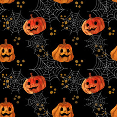 Halloween seamless pattern with pumpkins on spider web background. Hand drawn style watercolor. Halloween illustration on black.