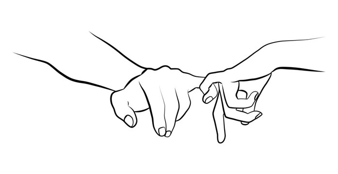 A pair of hands in a linear drawing. Continuous linear drawing of hands. Two hands are holding each other. Tattoo.