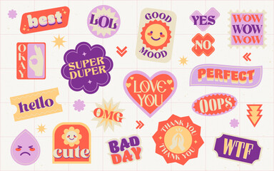 Retro Trendy Emotion Stickers Set. Hello. Good Mood. Love You. Super Duper. Thank you. OMG. Stickers pack or icons collection. Cool Patches Vector Design. 