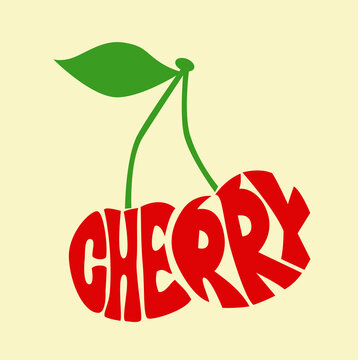 Red Cherry Calligram. Typography Words Cherry on Form Silhouette. Art Print. Vector illustration. 