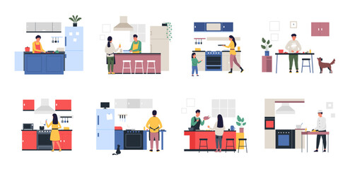 People on kitchen. Cartoon characters cooking together, man and woman family and friends preparing dinner at home and outdoor. Vector person cooking illustration