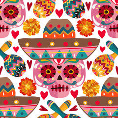 Vector illustration. Die de los muertos. The day of the Dead, Mexican holiday, festival, light background, seamless pattern