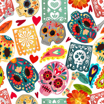 Vector illustration. Die de los muertos. The day of the Dead, Mexican holiday, festival,  light background, seamless pattern, handmade