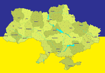 Detailed map of Ukraine with cities, rivers, regions. Vector illustration.
