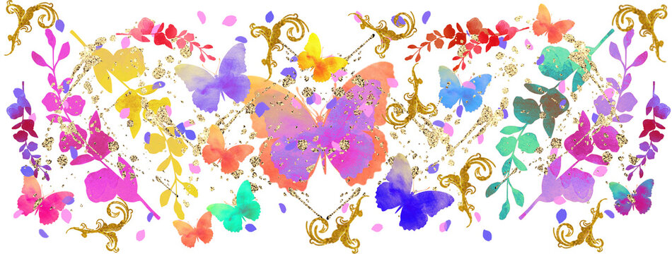 Watercolour illustration with butterflies, flowers. Golden summer texture. Wedding, birthday, celebration pattern.