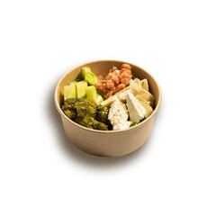 bowl with cucumber, feta cheese, cabbage, shrimps. in a box with you on a white background