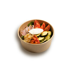 poke bowl of fresh salad salmon vegetables and fruits