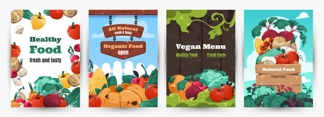 Healthy food posters. Banners layout with cartoon detailed vegetables, organic farm food brochure for restaurant menu. Vector vegan products presentation cover set