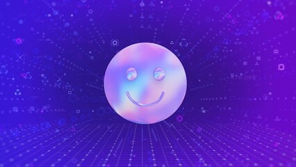 3D icon . Smiley icon, cyberspace information with a grid, gradient color in purple pink, holographic smile icon. 3D rendering.