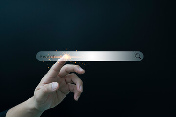 Data Search Technology Search Engine Optimization. man's fingers that touch searching for information.