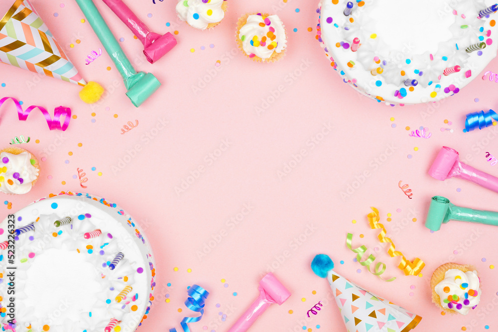 Poster birthday party frame on a soft pink background. top view with cakes, party hats and confetti. copy s