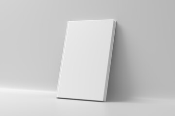 Blank vertical hardcover book cover mockup standing on white background