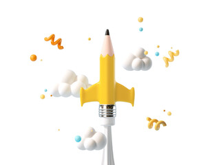 Minimal background for online education concept. Launching pencil rocket isolated on transparent background. . 3d rendering illustration. PNG