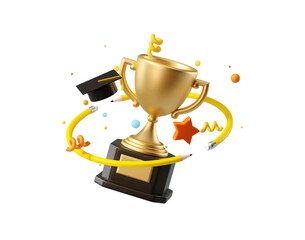 Minimal background for online education concept. Pincle with graduation hat and trophy isolated on transparent background. . 3d rendering illustration. PNG