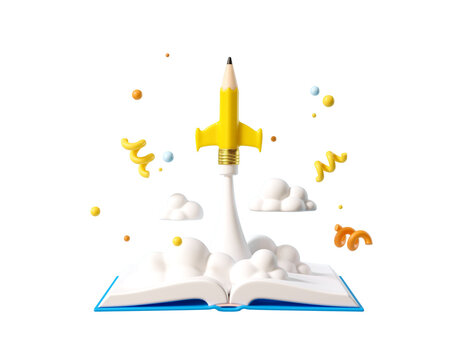 Minimal Background For Online Education Concept. Launching Pencil Rocket And Open Book Isolated On Transparent Background. . 3d Rendering Illustration. PNG