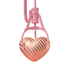 Minimal happiness object for love, wedding and valentine concept. Pink with gold stripe heart catch claw machine isolated on transparent background. 3d rendering illustration. PNG