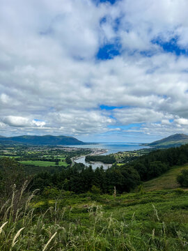 The flagstaff viewpoint area, countryside, Newry, with Warrenpoint town in the distance during the summer. Hiking and Tourism concept