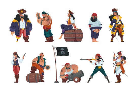 Pirate men and women. Cartoon fantasy sailors and sea warriors with swords treasure chest spyglass wearing hats and pirate costumes. Vector marine corsairs collection