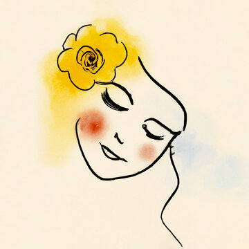 beautiful watercolored smooth line art of a face with a flower in the head in pastel palete color background