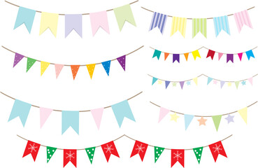 Set of multicolored flat buntings garlands with ornament isolated on white background