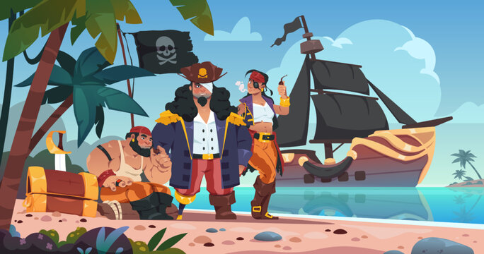 Pirates on island. Cartoon kids background with corsairs and pirate characters on sea beach with treasure chest spyglass sword and cannon. Vector illustration