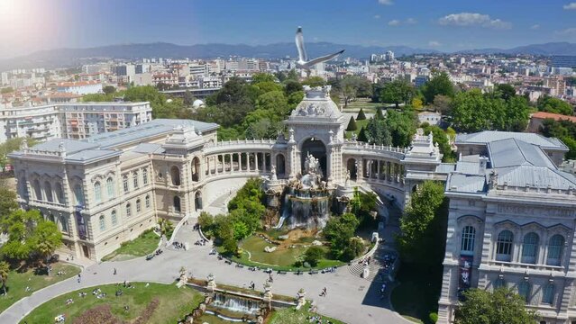Aerial view from drone Longchamp majestic royal palace park complex old historical part of Marseille town popular touristic building with residential luxurious mansion perfect place to go everywhere