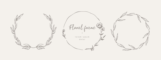 Hand drawn floral frames with flowers, branch and leaves. Wreath. Elegant logo template. Vector illustration for labels, branding business identity, wedding invitation