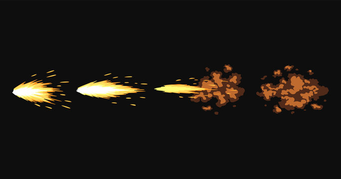 Gun flashes or gunshot animation. Cartoon flash effect of bullet starts with smoke and sparkles. Fire explosion effect during shot with gun. Shotgun fire, muzzle flash and explode
