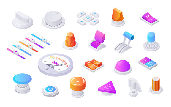 Isometric toggles. 3D switches, knobs, volume levels, sliders and switches for analog adjustment, control panel elements collection. Vector set