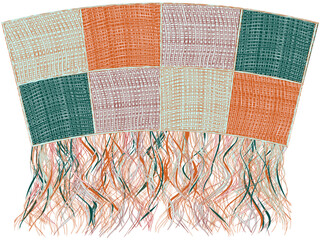 Tapestry with geometrical , grunge checkered, striped, arc pattern in green, orange, violet colors and with vertical fringe isolated on white