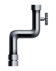 Metal pipeline. Industrial conduit with connection and valve. 3d glossy stainless steel tube for water or gas. Element of engineering plumbing system