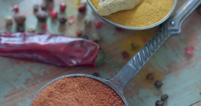 Wooden table of colorful spices.