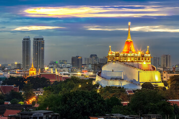 Golden Mount Temple Fair, Golden Mount Temple with red cloth in Bangkok at dusk (Wat Sraket,...