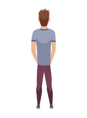 People character back view. Young human. Cartoon  man standing illustration. Adult people from behind. Male character in casual outfit