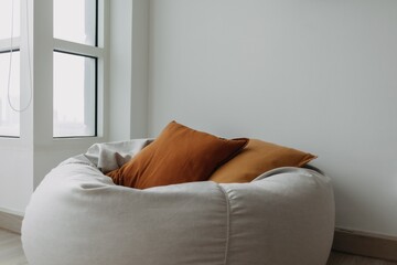 Brown pillows and beanbag sofa in white room next to the window