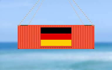 hanging cargo container in blue cloud sky.