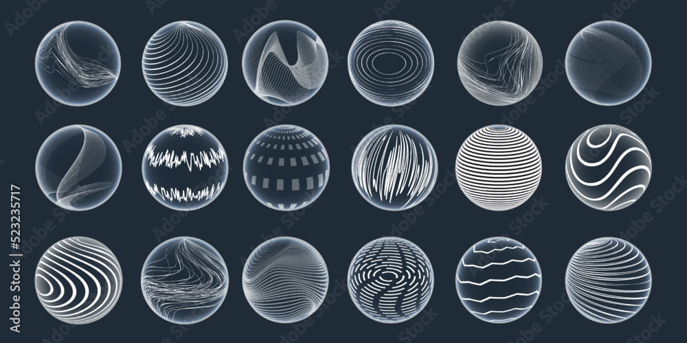Poster Abstract circle 3d sphere. Particle shapes. Globe figures with science elements. Blast and burst lines. Futuristic technology. Geometric model. Cyberspace forms set. Vector isolated icons