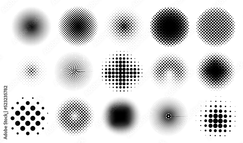 Fototapete Circle half tone dot patterns. Graphic gradient with spray effect. Gradation round texture. Geometric fade points. Abstract shapes. Comic monochrome elements set. Vector background