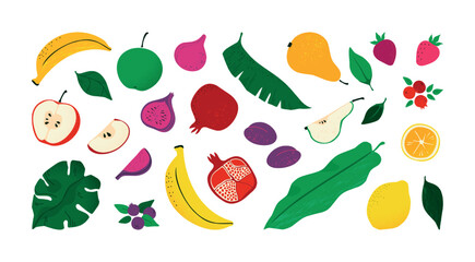 Organic food, abstract autumn fruit set. Nature palm and monstera leaf, fig and pomegranate harvest, strawberry and blueberry, plant leaves, texture tree, floral background. Vector pattern