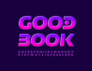 Vector bright promo Good Book with unique Alphabet Letters and Numbers set. Purple gradient Font
