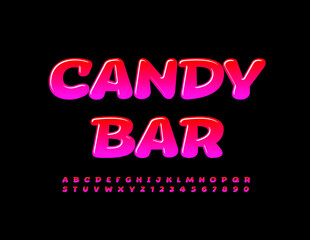 Vector advertising Poster Candy Bar. Funny Pink Font. Bright Creative Alphabet Letters and Numbers set